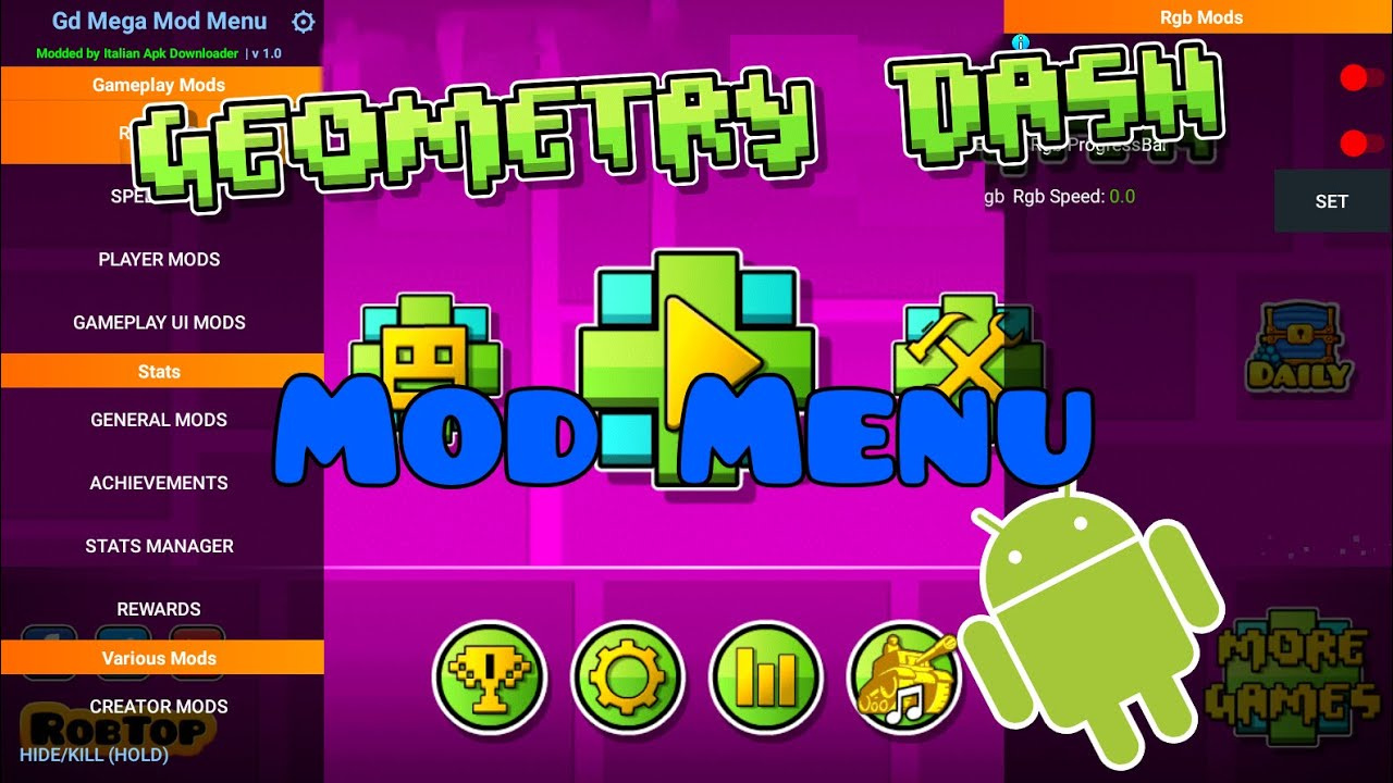 Mod Menu 1 Geometry Dash mod menu interface with Android icon and gameplay mod categories