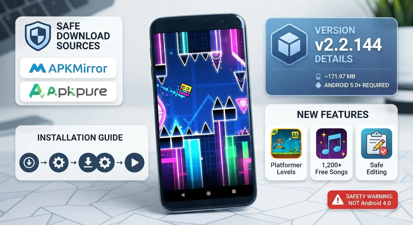 Geometry Dash APK v2.2 Safe Download Complete Installation Guide 1 Infographic guide for safely downloading Geometry Dash APK v2.2, including safe sources like APKMirror, installation steps, and new features.